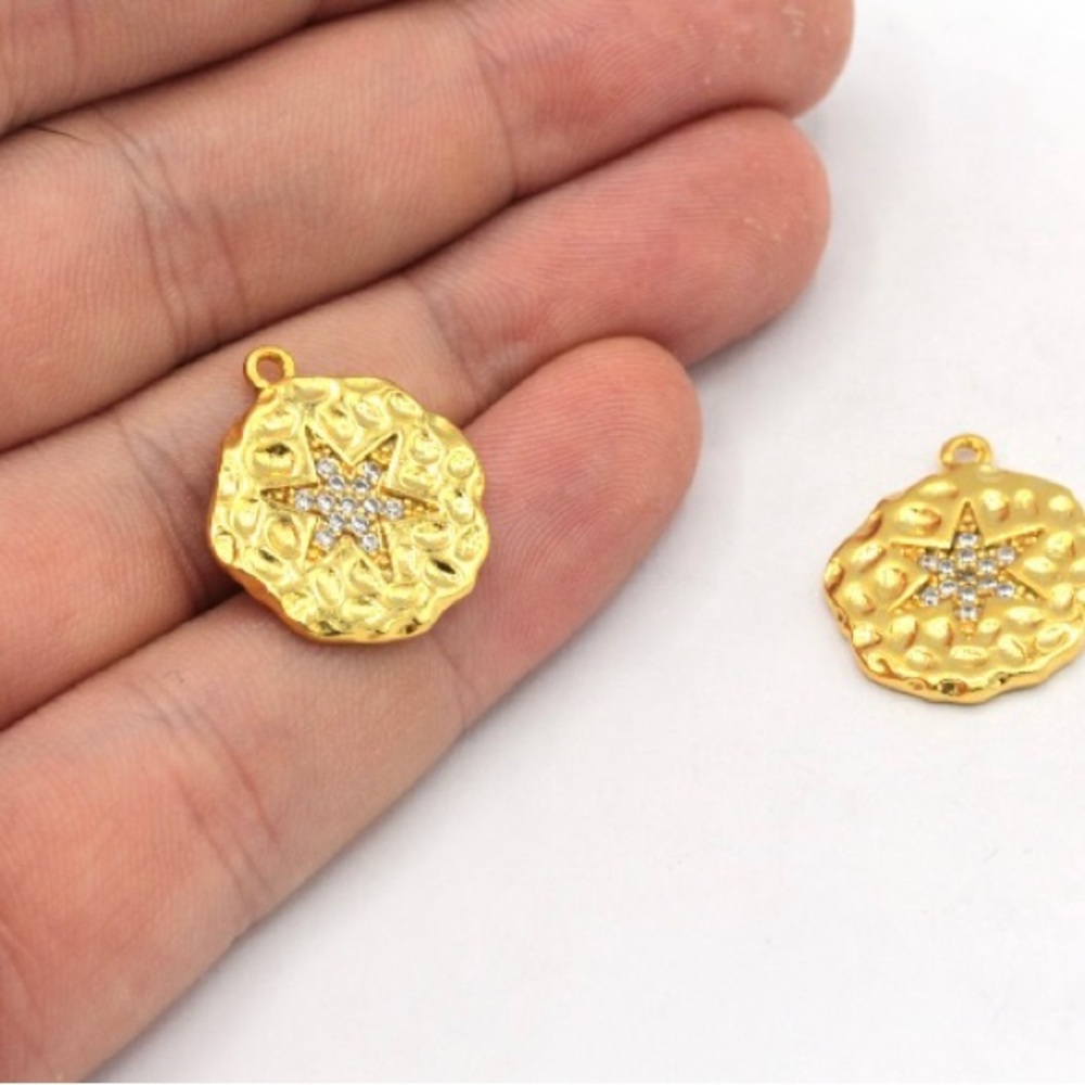 24k Shiny Gold Plated Hammered Star Charm, CZ Micro Pave North Star Charm